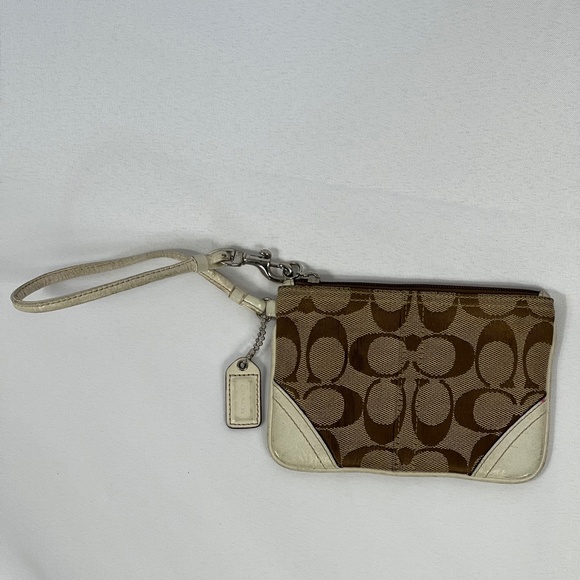 Coach Signature Brown Tan Cream Zipper Wristlet - Picture 5 of 14